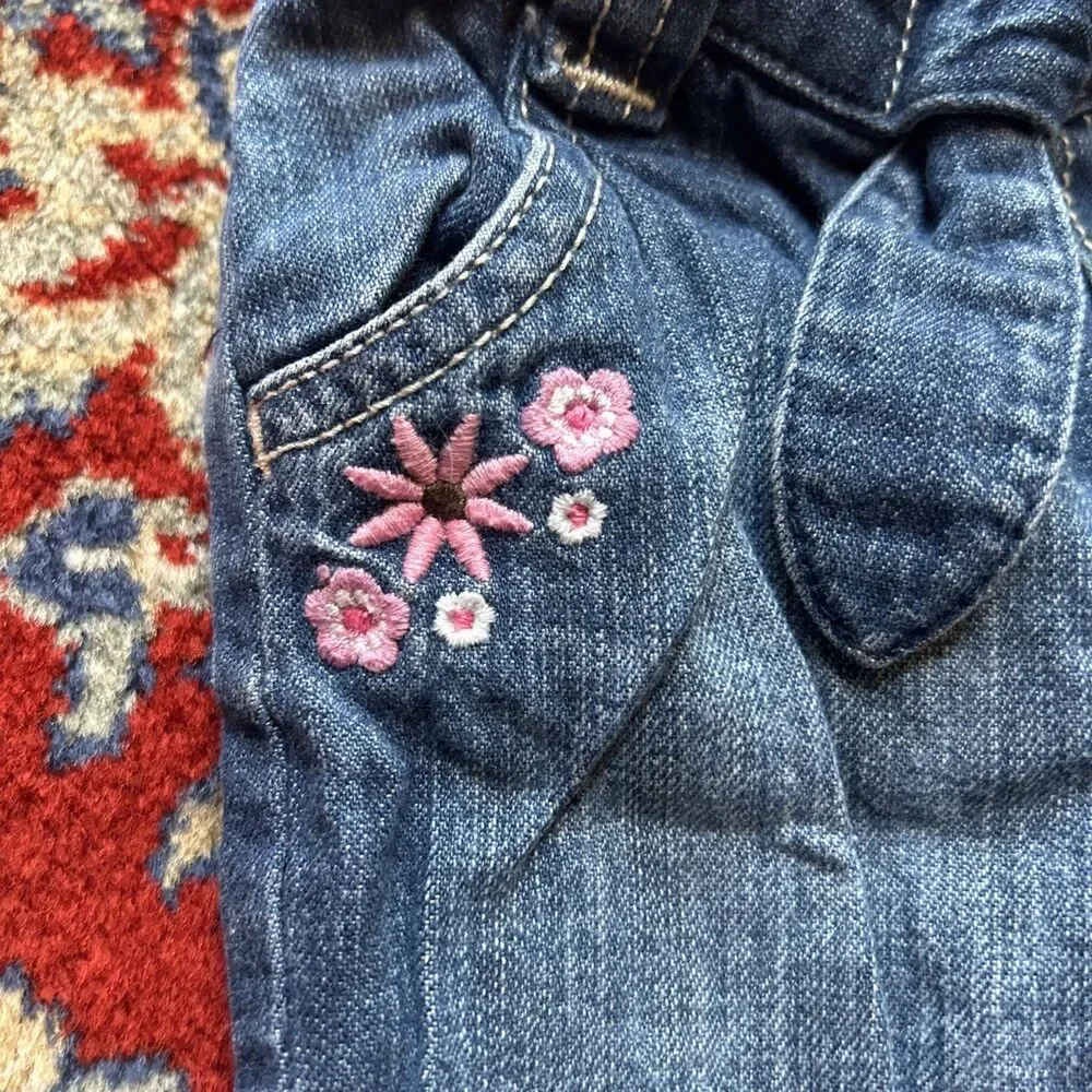Old Navy 3-6 Mon Jeans Embroidered Flowers Blue Flared Led Tie Pockets Y2K 2009